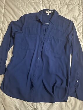 Express Women’s Royal Blue Button-Up long sleeve Portofino Blouse size L